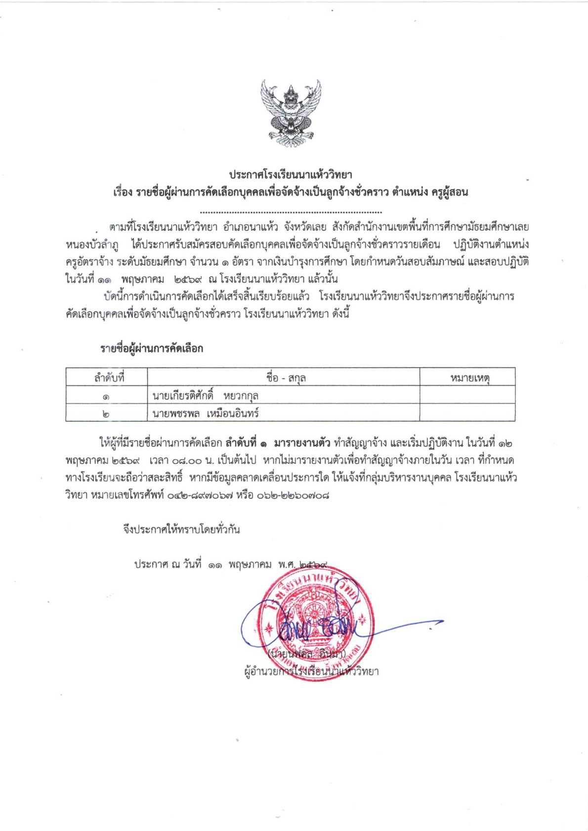 ประกาศโรงเรียนนาแห้ววิทยา: รายชื่อผู้ผ่านการคัดเลือกบุคคลเพื่อจัดจ้างเป็นลูกจ้างชั่วคราว ตำแหน่ง ครูผู้สอน